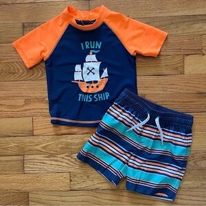 Carter’s: Simple Joys |Swimsuit Trunk and Rashguard Set Navy Orange Ships | 24mo